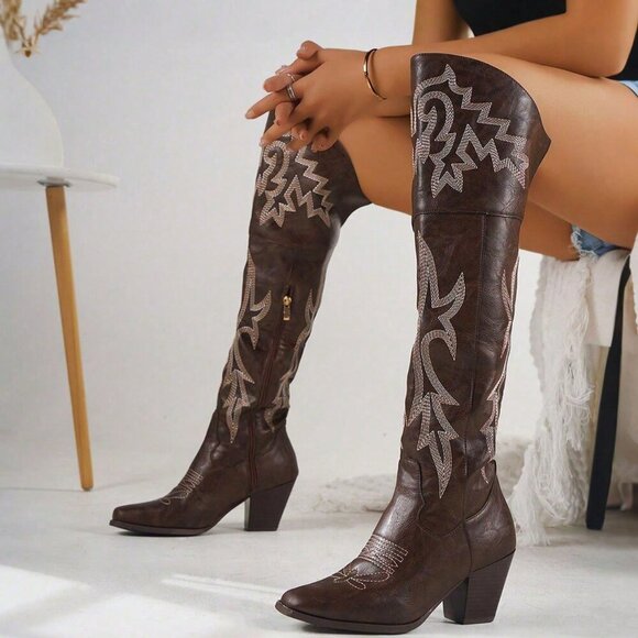 Shoes - Dark Brown Women's Embroider Thigh High country rodeo Western Cowboy Boots